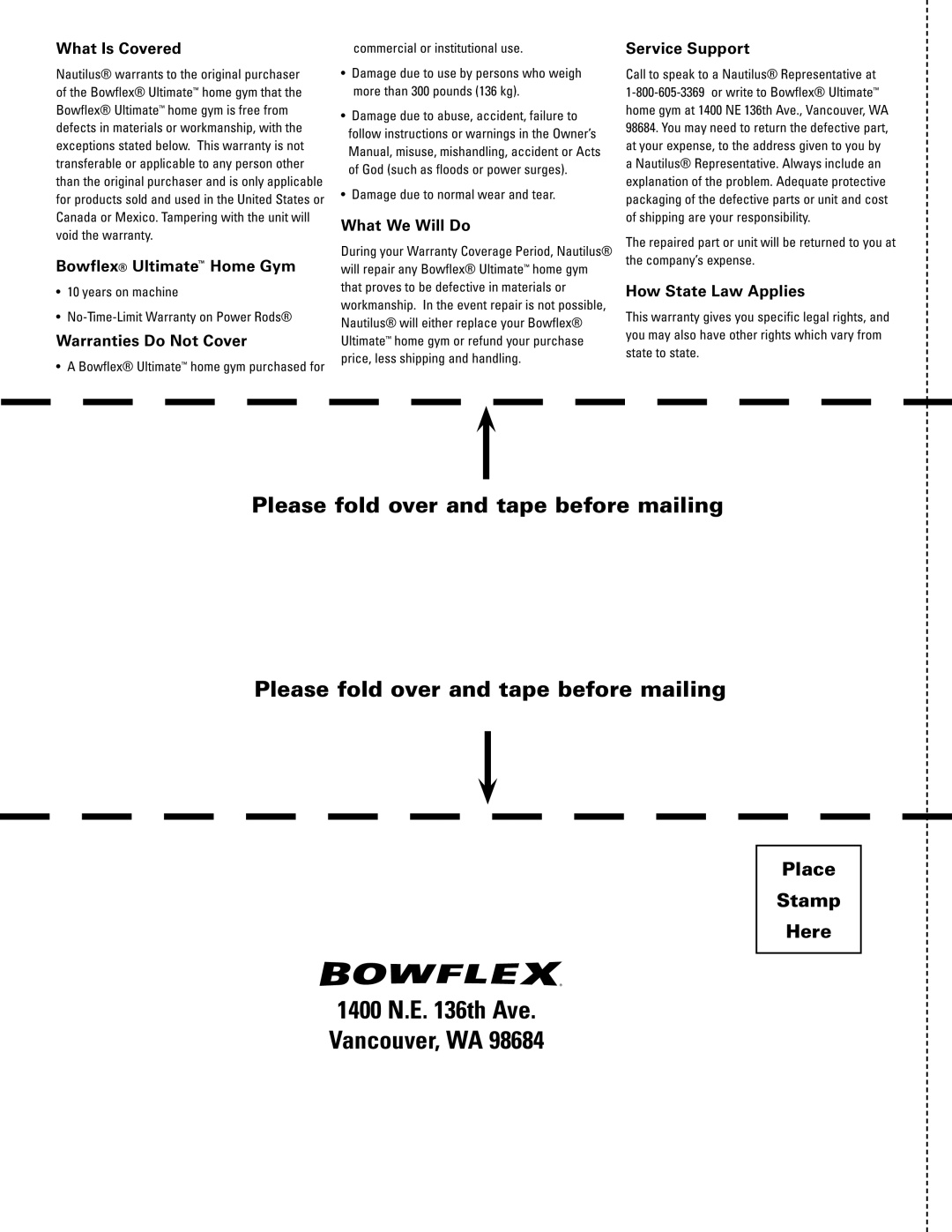 Bowflex 51370 manual Please fold over and tape before mailing 