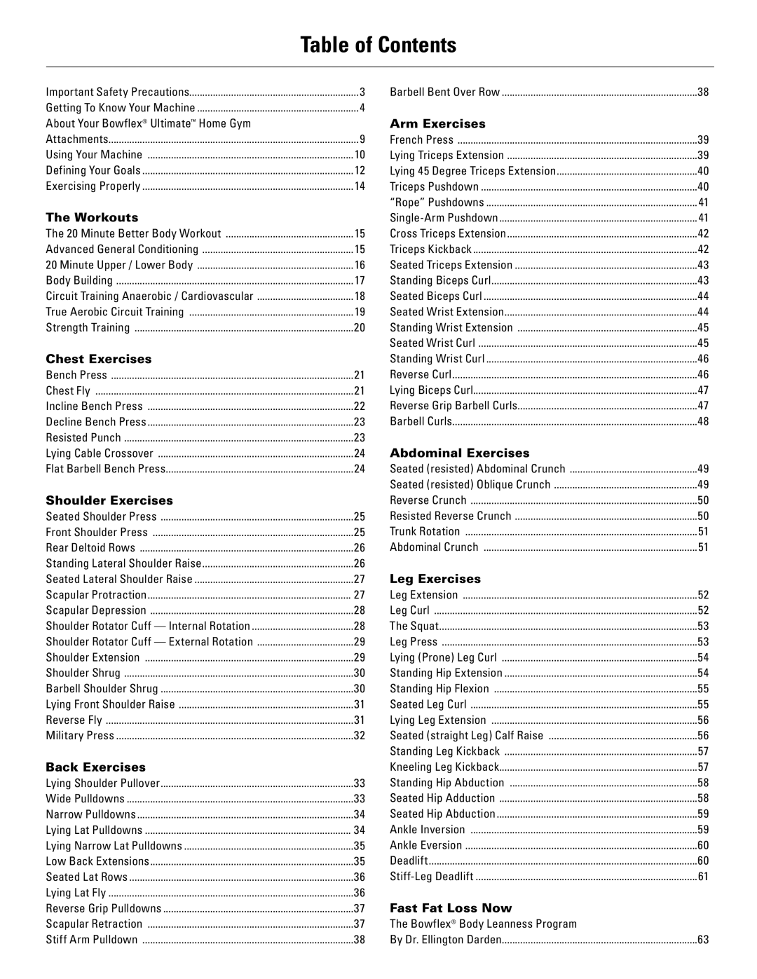 Bowflex 51370 manual Table of Contents 