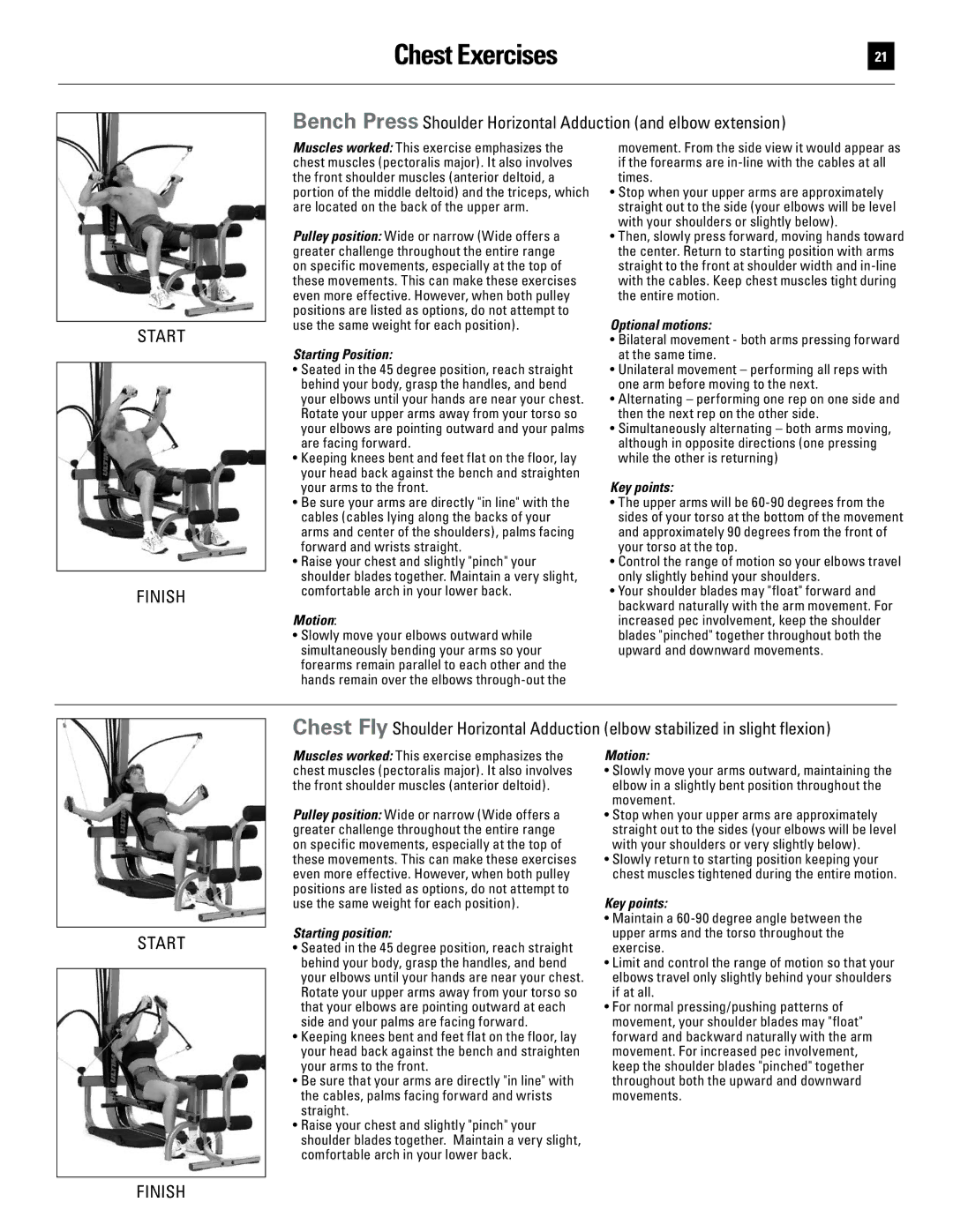 Bowflex 51370 manual Chest Exercises, Starting Position, Motion, Optional motions, Key points 