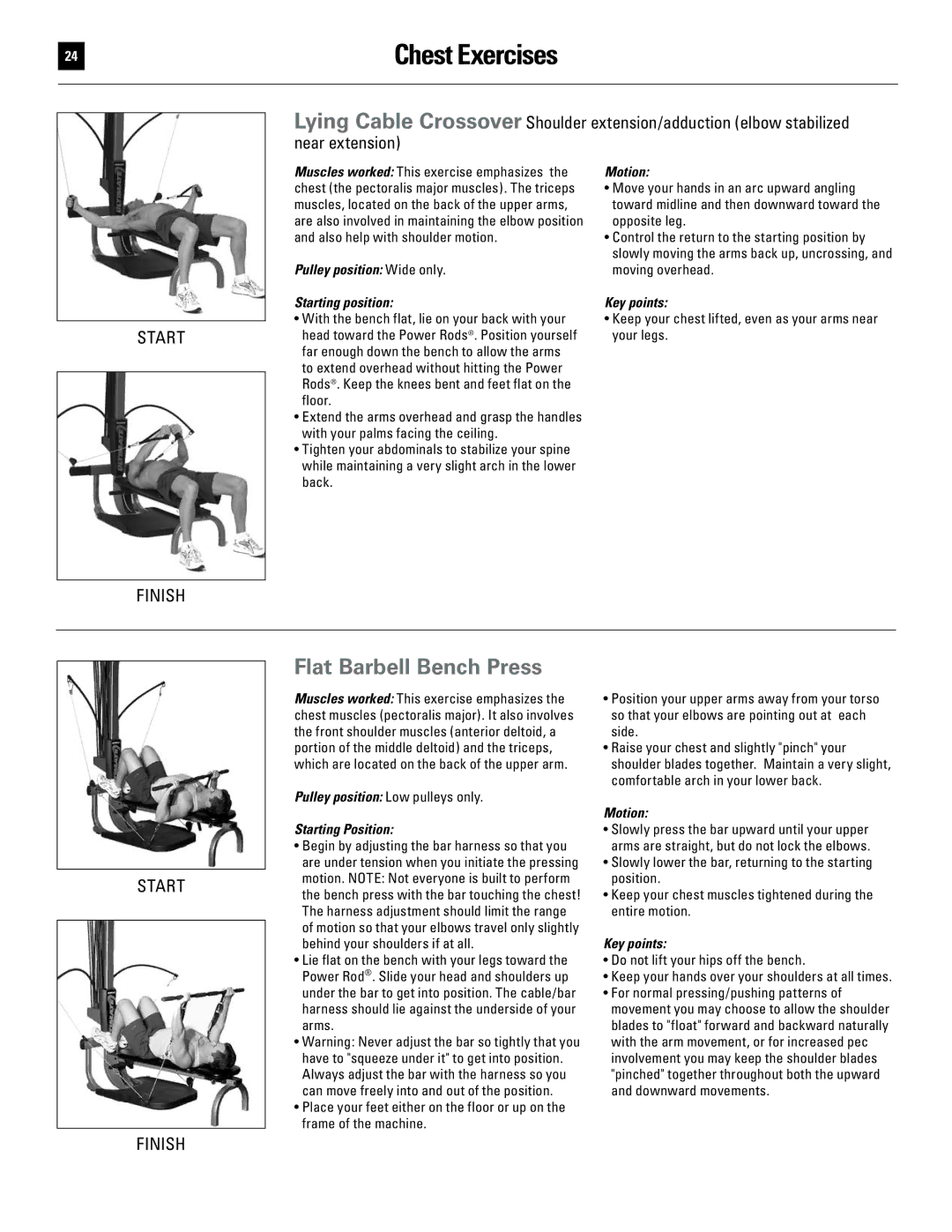 Bowflex 51370 manual Flat Barbell Bench Press, Near extension, Pulley position Wide only, Starting position Key points 