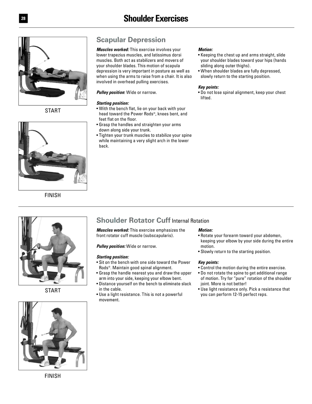 Bowflex 51370 manual Scapular Depression, Shoulder Rotator Cuff Internal Rotation, Pulley position Wide or narrow 