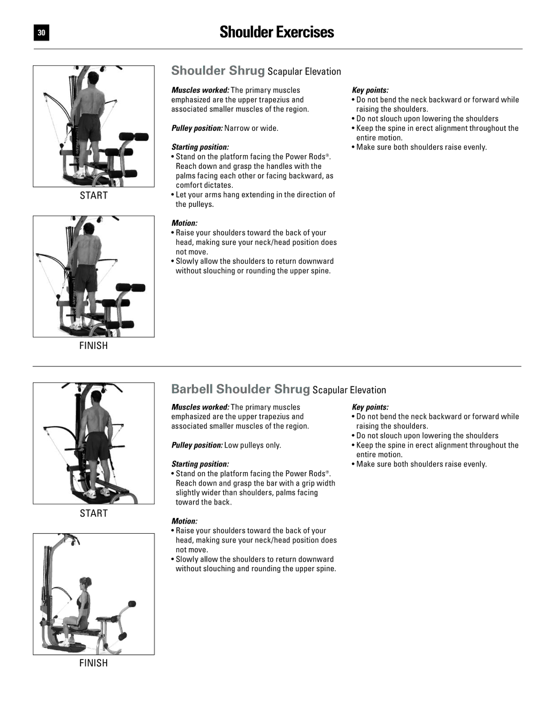 Bowflex 51370 manual Barbell Shoulder Shrug Scapular Elevation, Pulley position Narrow or wide 