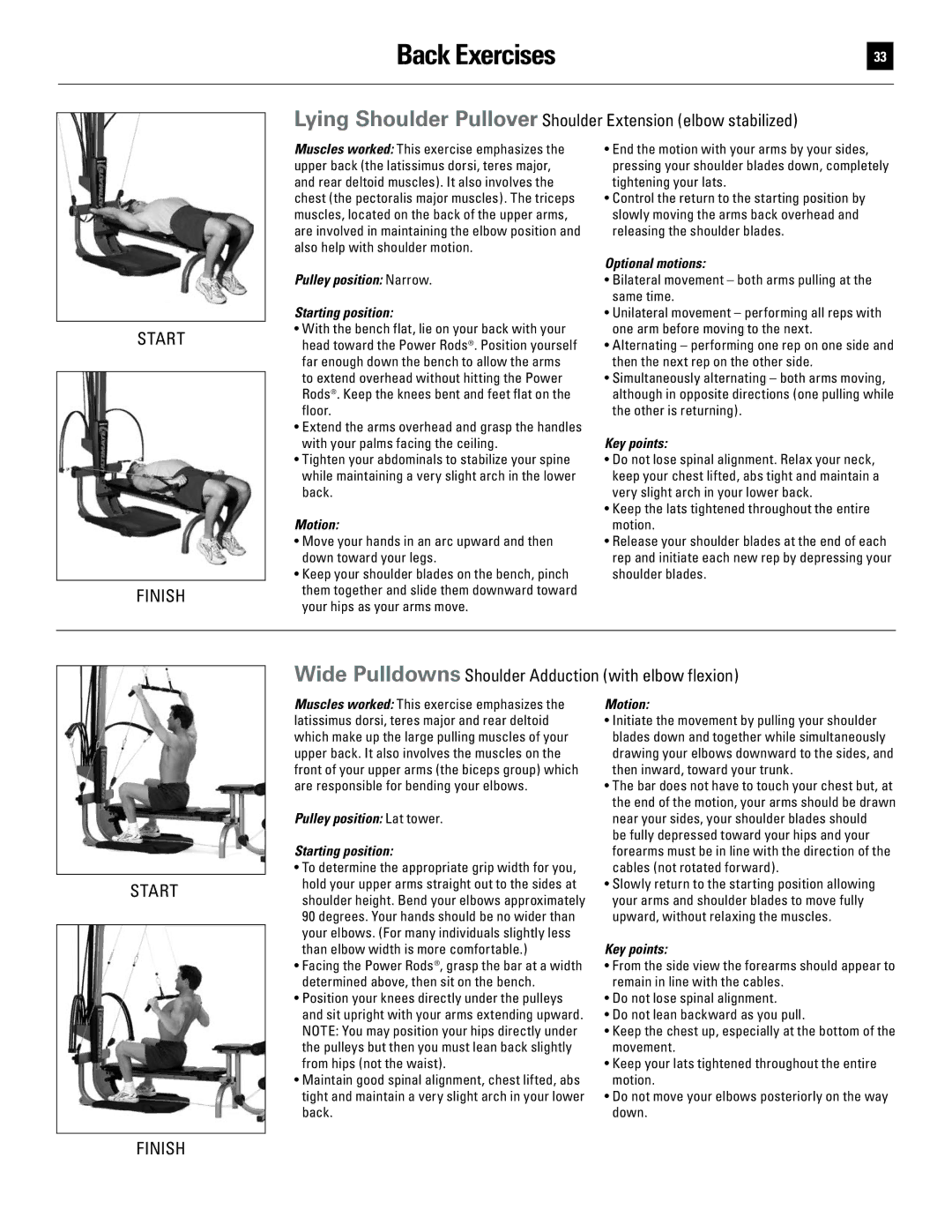 Bowflex 51370 manual Back Exercises, Lying Shoulder Pullover Shoulder Extension elbow stabilized 