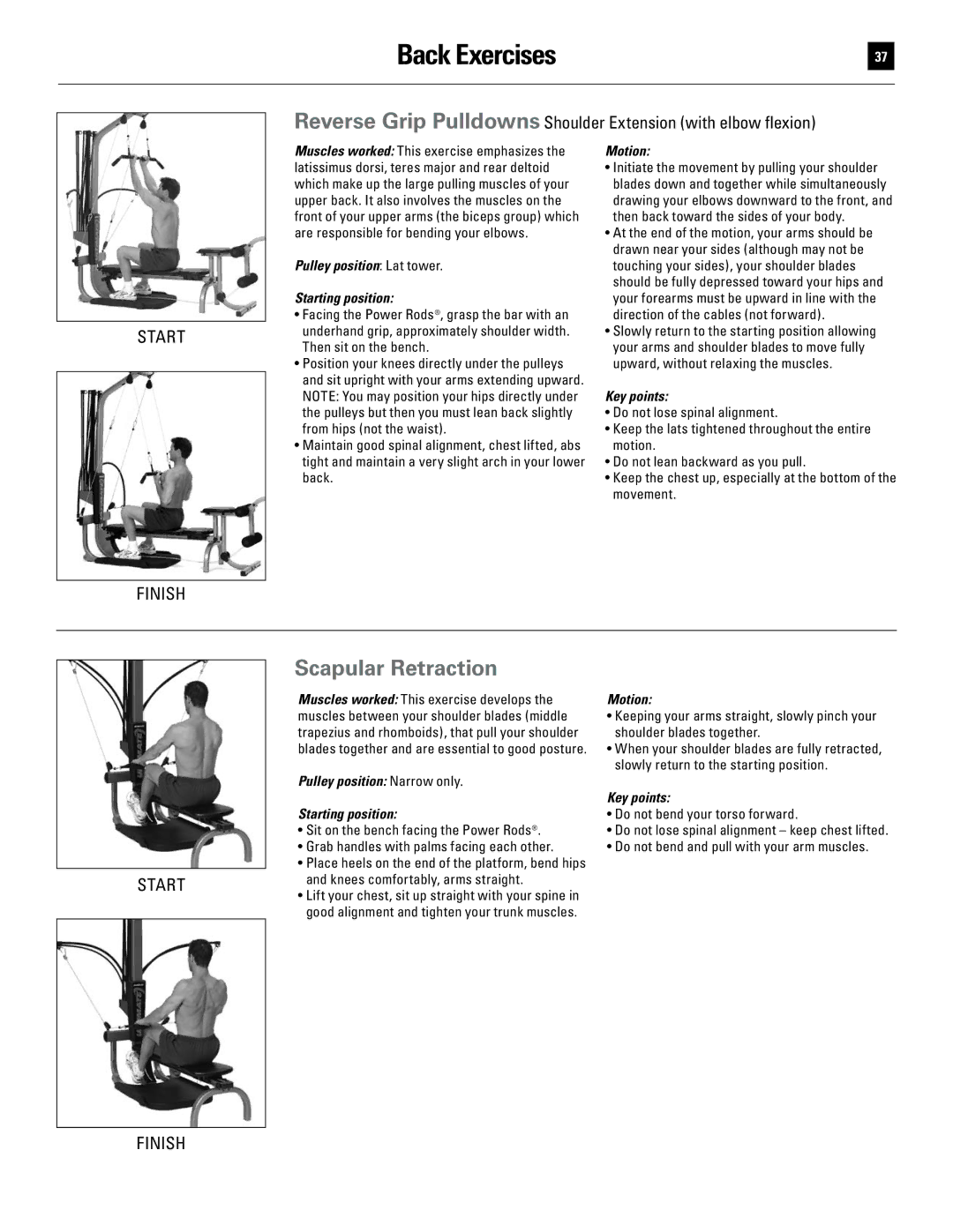 Bowflex 51370 manual Scapular Retraction, Reverse Grip Pulldowns Shoulder Extension with elbow flexion 