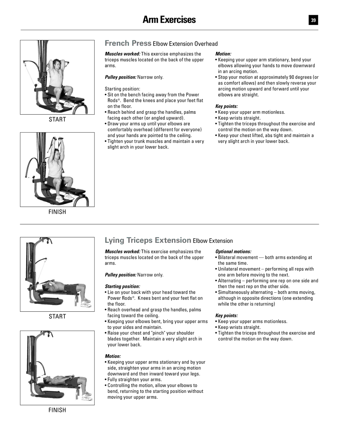 Bowflex 51370 manual Arm Exercises, Lying Triceps Extension Elbow Extension, French Press Elbow Extension Overhead 