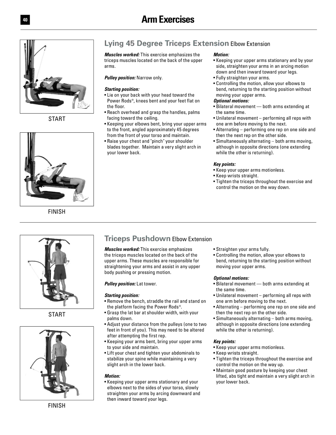 Bowflex 51370 manual Arm Exercises, Lying 45 Degree Triceps Extension Elbow Extension, Triceps Pushdown Elbow Extension 