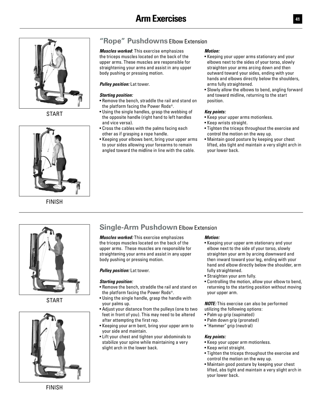 Bowflex 51370 manual Rope Pushdowns Elbow Extension, Single-Arm Pushdown Elbow Extension 