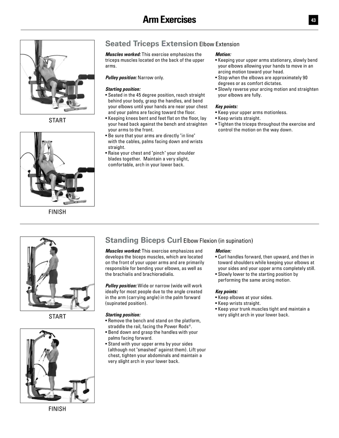 Bowflex 51370 manual Seated Triceps Extension Elbow Extension, Standing Biceps Curl Elbow Flexion in supination 