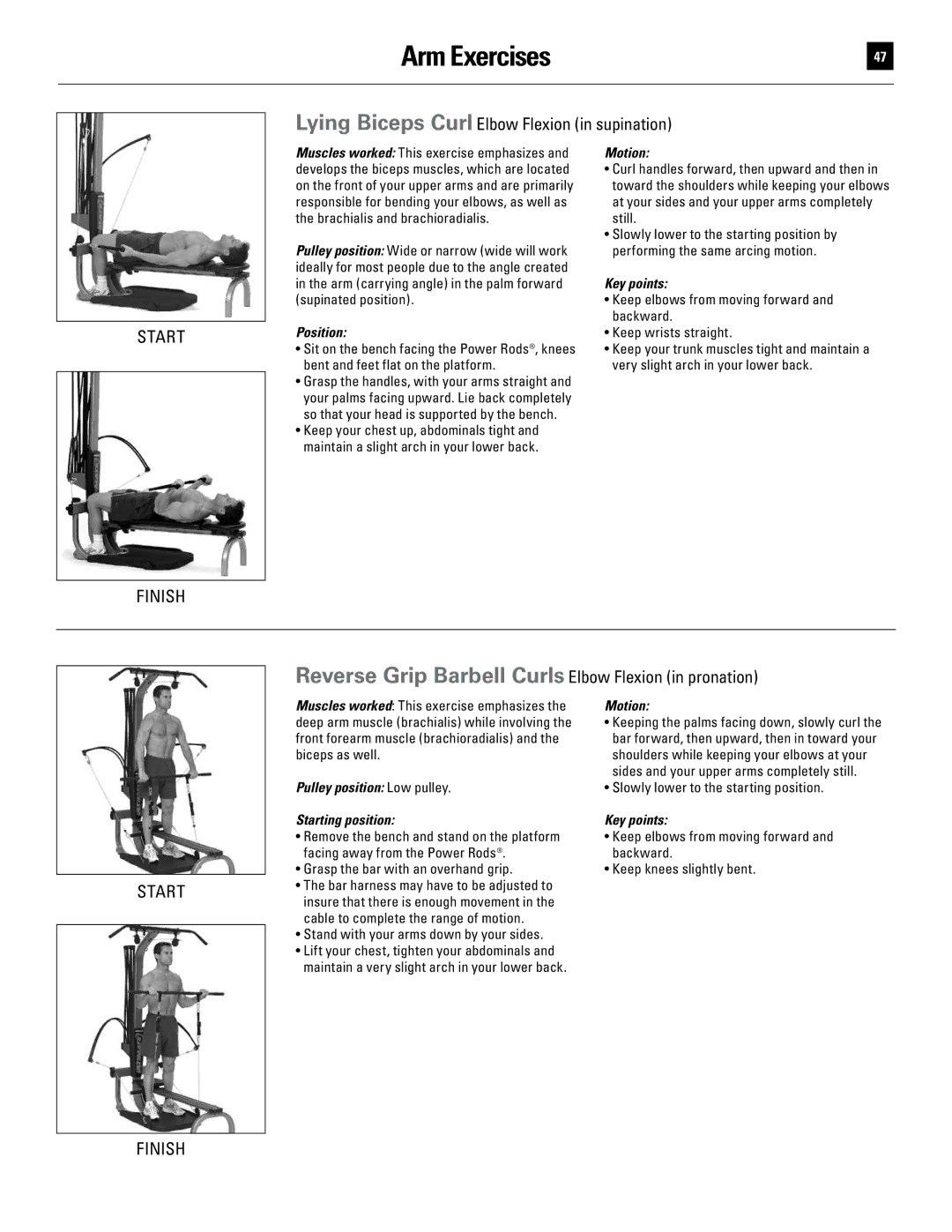 Bowflex 51370 manual Lying Biceps Curl Elbow Flexion in supination, Reverse Grip Barbell Curls Elbow Flexion in pronation 