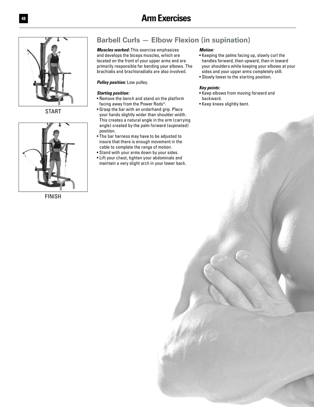 Bowflex 51370 manual Barbell Curls Elbow Flexion in supination, Muscles worked This exercise emphasizes 