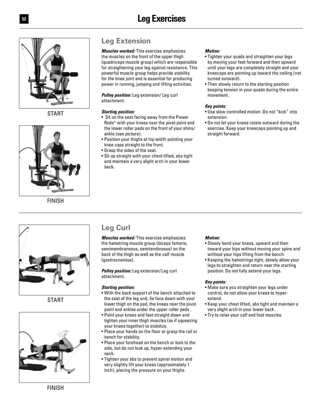 Bowflex 51370 manual Leg Exercises, Leg Extension, Leg Curl 