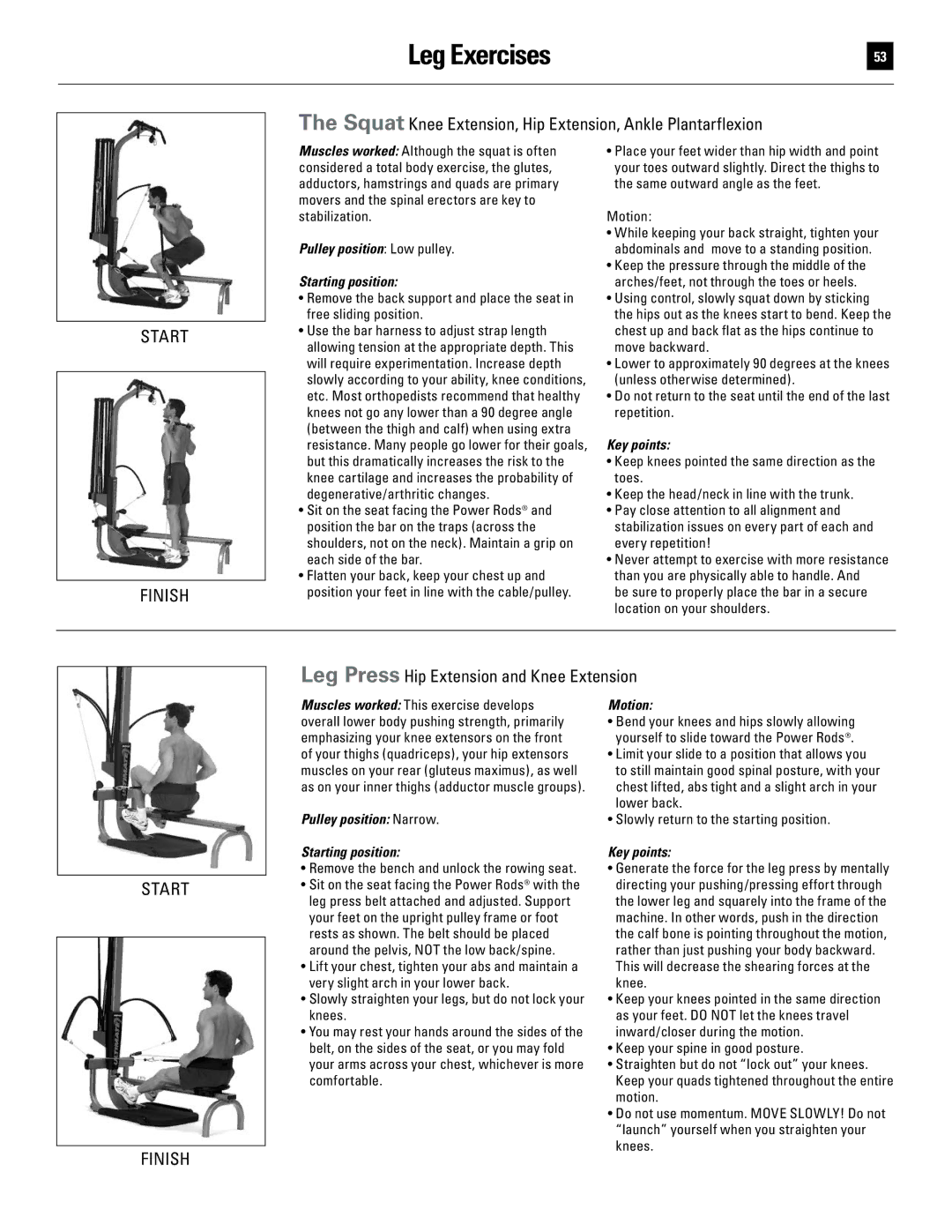 Bowflex 51370 manual Leg Exercises, Squat Knee Extension, Hip Extension, Ankle Plantarflexion 