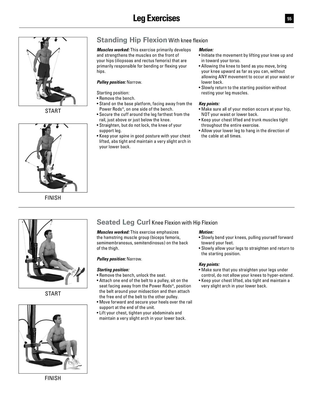 Bowflex 51370 manual Standing Hip Flexion With knee flexion, Seated Leg Curl Knee Flexion with Hip Flexion 