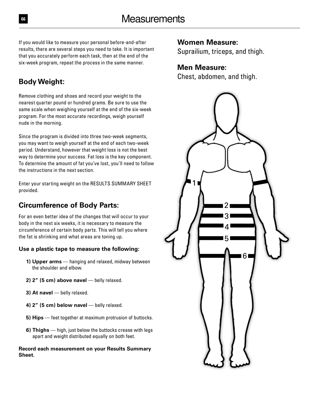 Bowflex 51370 manual Measurements, Body Weight, Circumference of Body Parts, Women Measure, Men Measure 