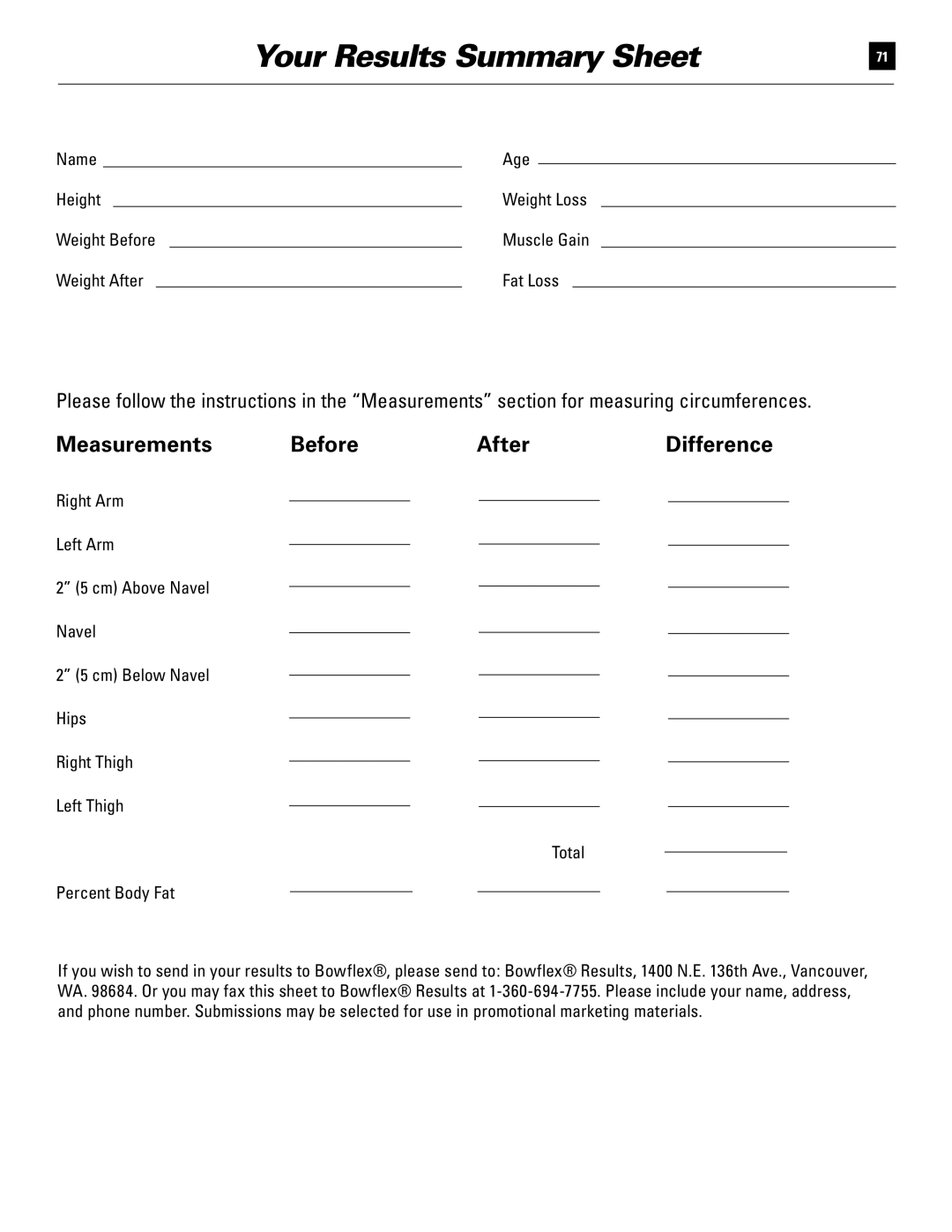 Bowflex 51370 manual Your Results Summary Sheet, Measurements Before After 