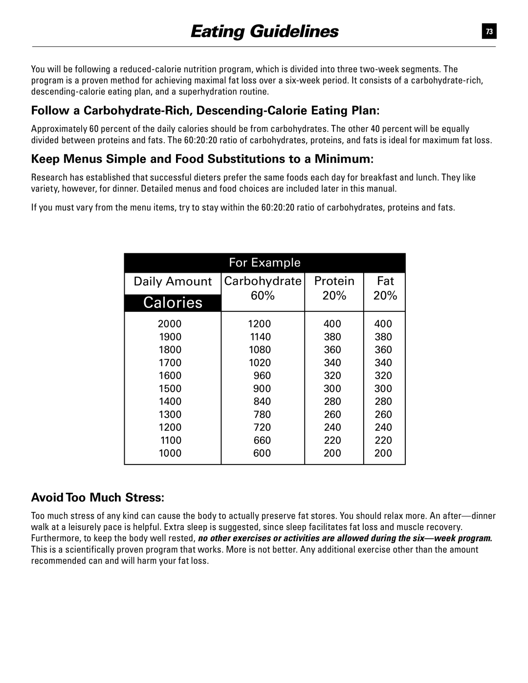 Bowflex 51370 manual Follow a Carbohydrate-Rich, Descending-Calorie Eating Plan, Avoid Too Much Stress 