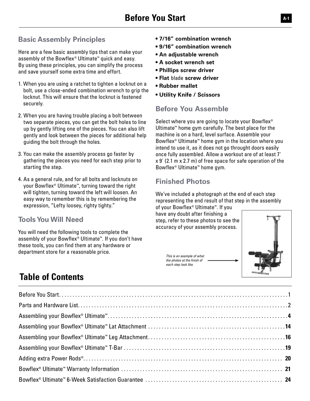 Bowflex 51370 manual Before You Start, Basic Assembly Principles, Tools You Will Need, Before You Assemble, Finished Photos 