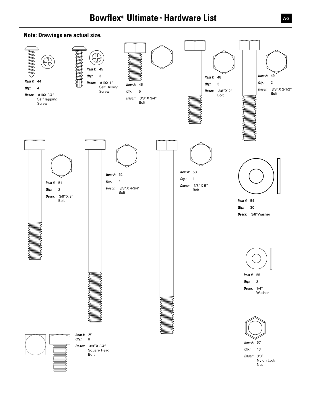 Bowflex 51370 manual Bowflex Ultimate Hardware List 