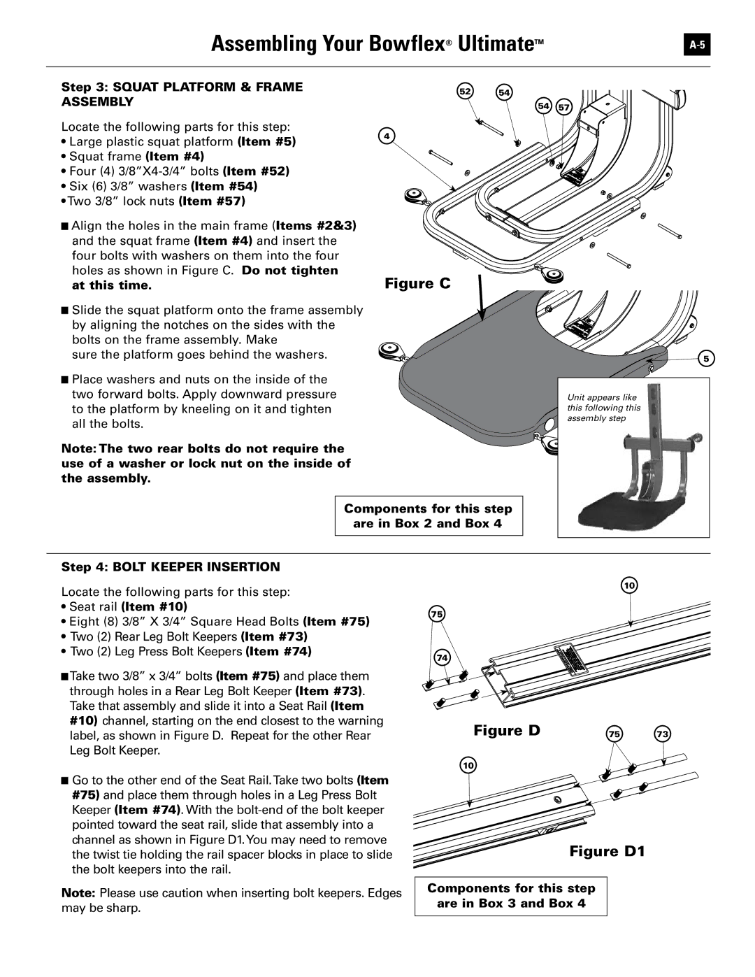 Bowflex 51370 manual Squat Platform & Frame, At this time, Components for this step Are in Box 3 and Box 