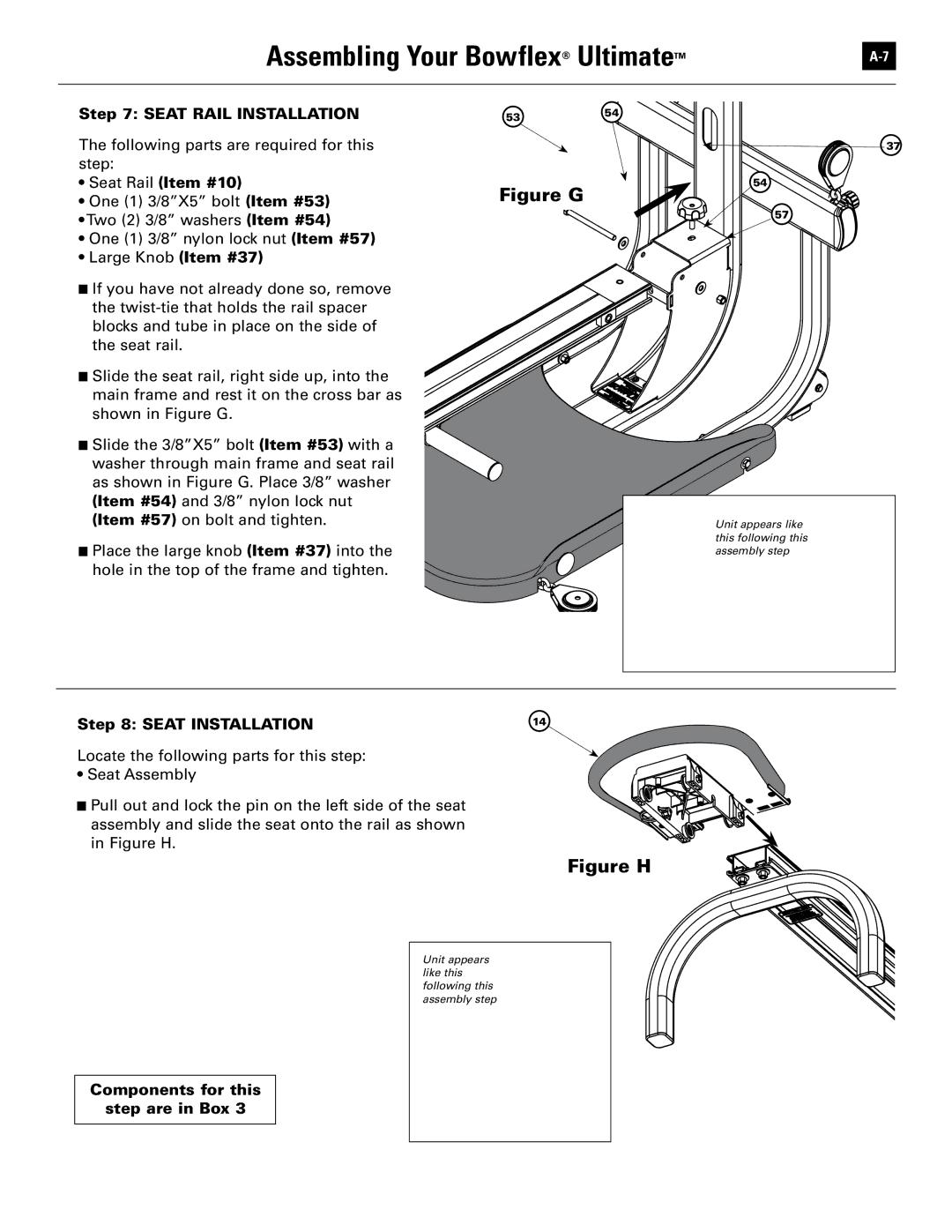 Bowflex 51370 manual Seat Rail Installation, Seat Installation 