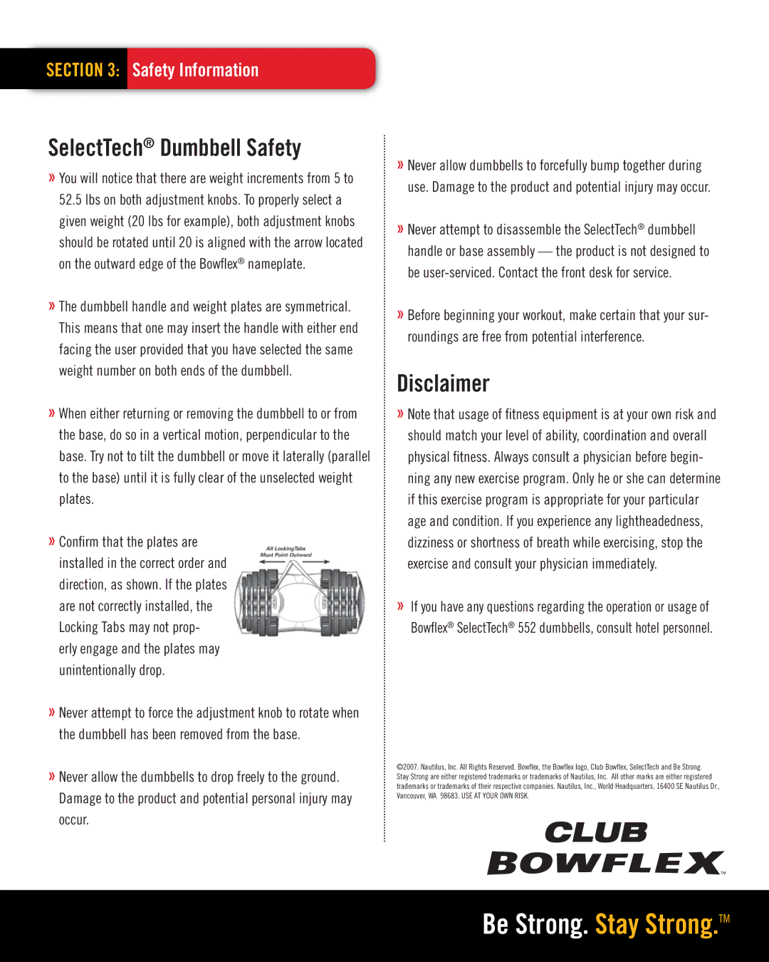 Bowflex 552 manual SelectTech Dumbbell Safety 