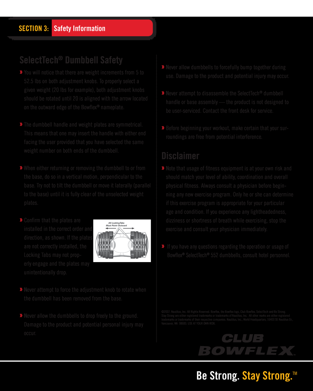 Bowflex 552 manual Safety Information, SelectTech Dumbbell Safety, Disclaimer, Be Strong. Stay Strong.TM 