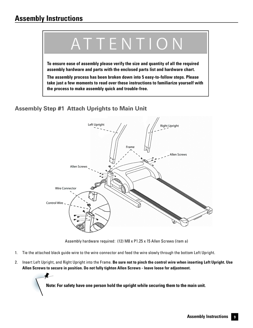 Bowflex 5, 7 manual Assembly Instructions, Assembly step #1 attach uprights to main unit 