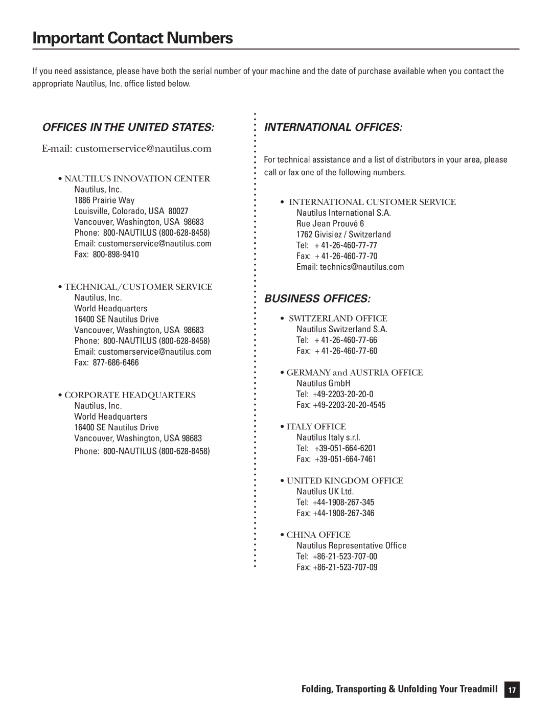 Bowflex 5, 7 manual Important Contact Numbers, Offices in the United States 