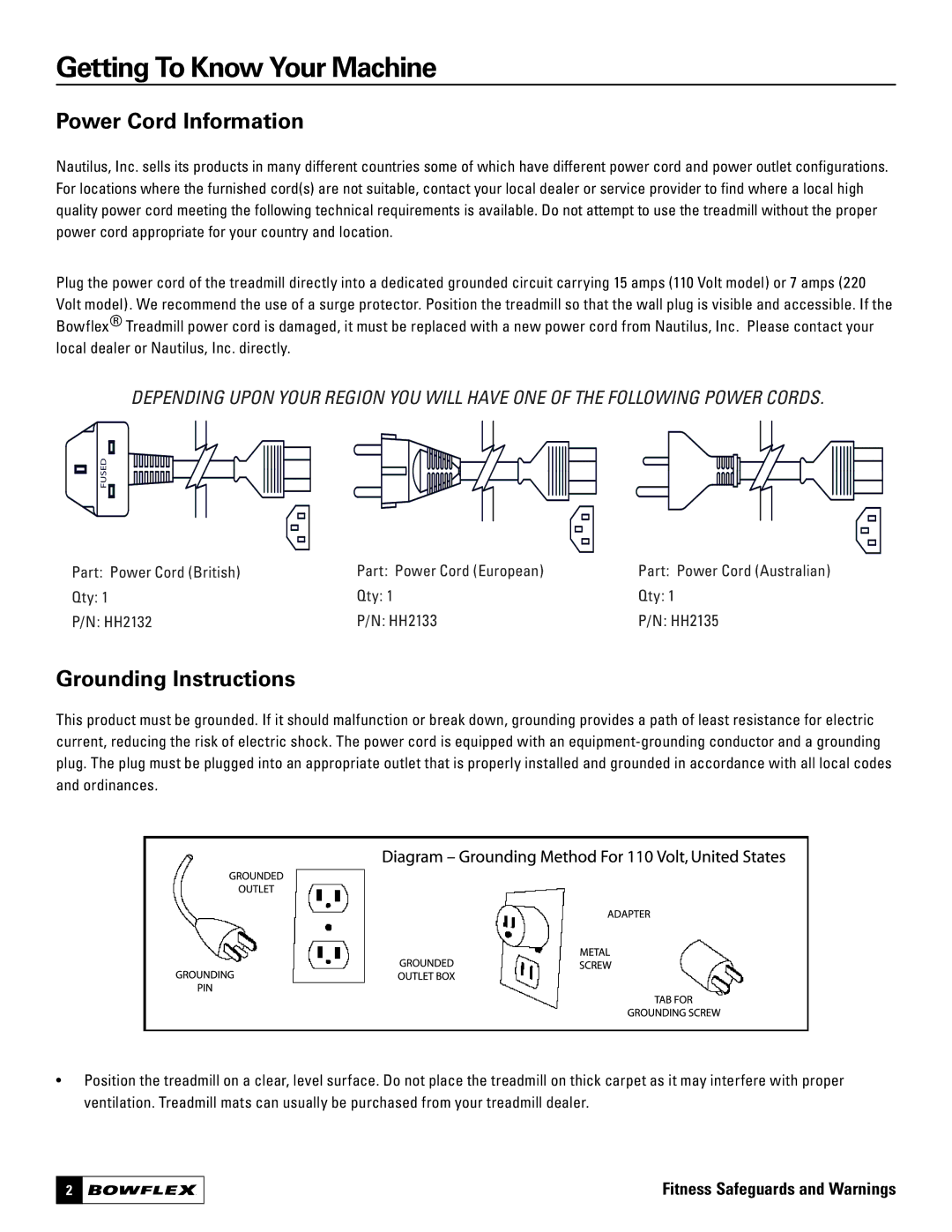 Bowflex 7, 5 manual Getting To Know Your Machine, Power Cord Information 