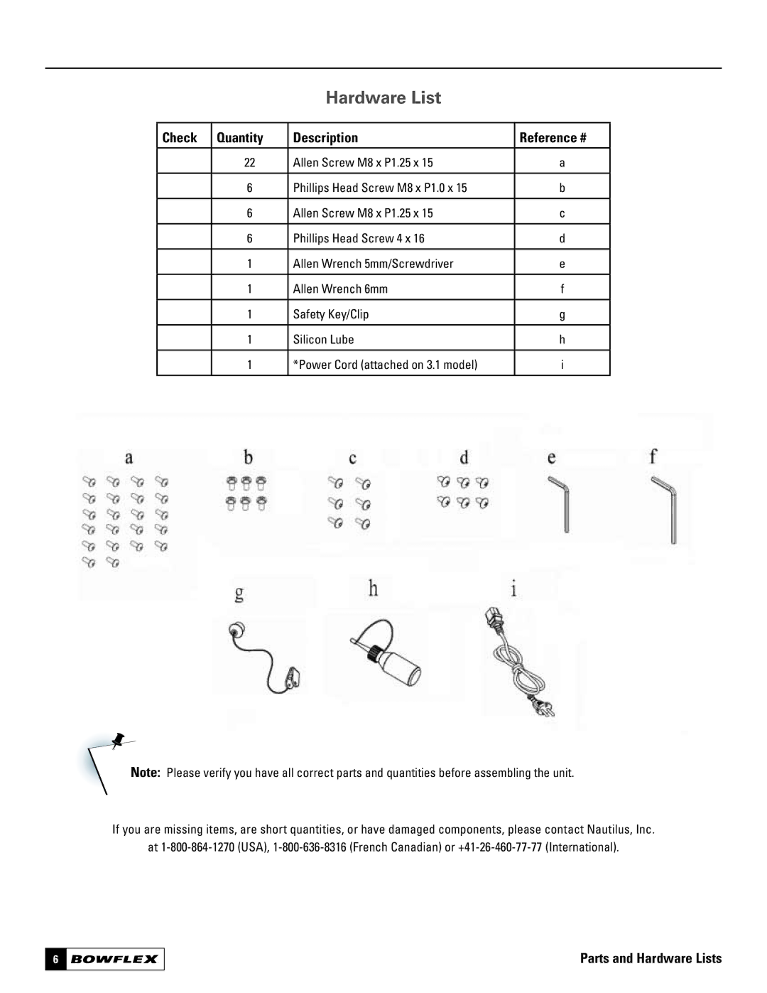 Bowflex 7, 5 manual Hardware List 