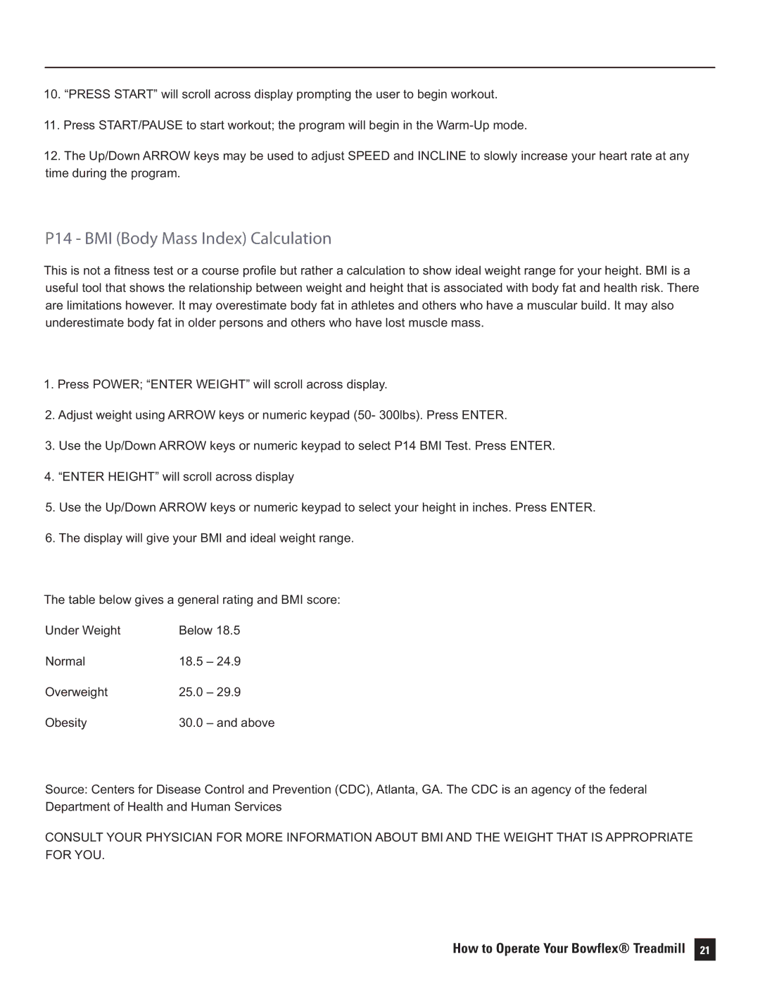 Bowflex 7 Series, 5 Series, 3 Series manual P14 BMI Body Mass Index Calculation 