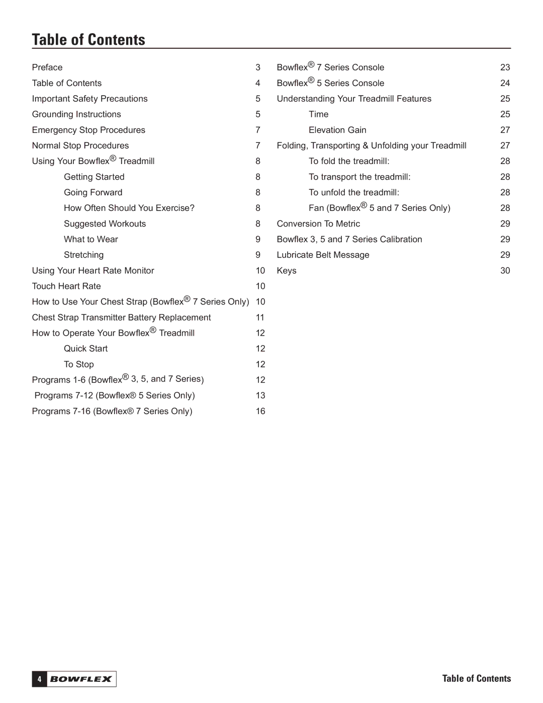 Bowflex 5 Series, 7 Series, 3 Series manual Table of Contents 