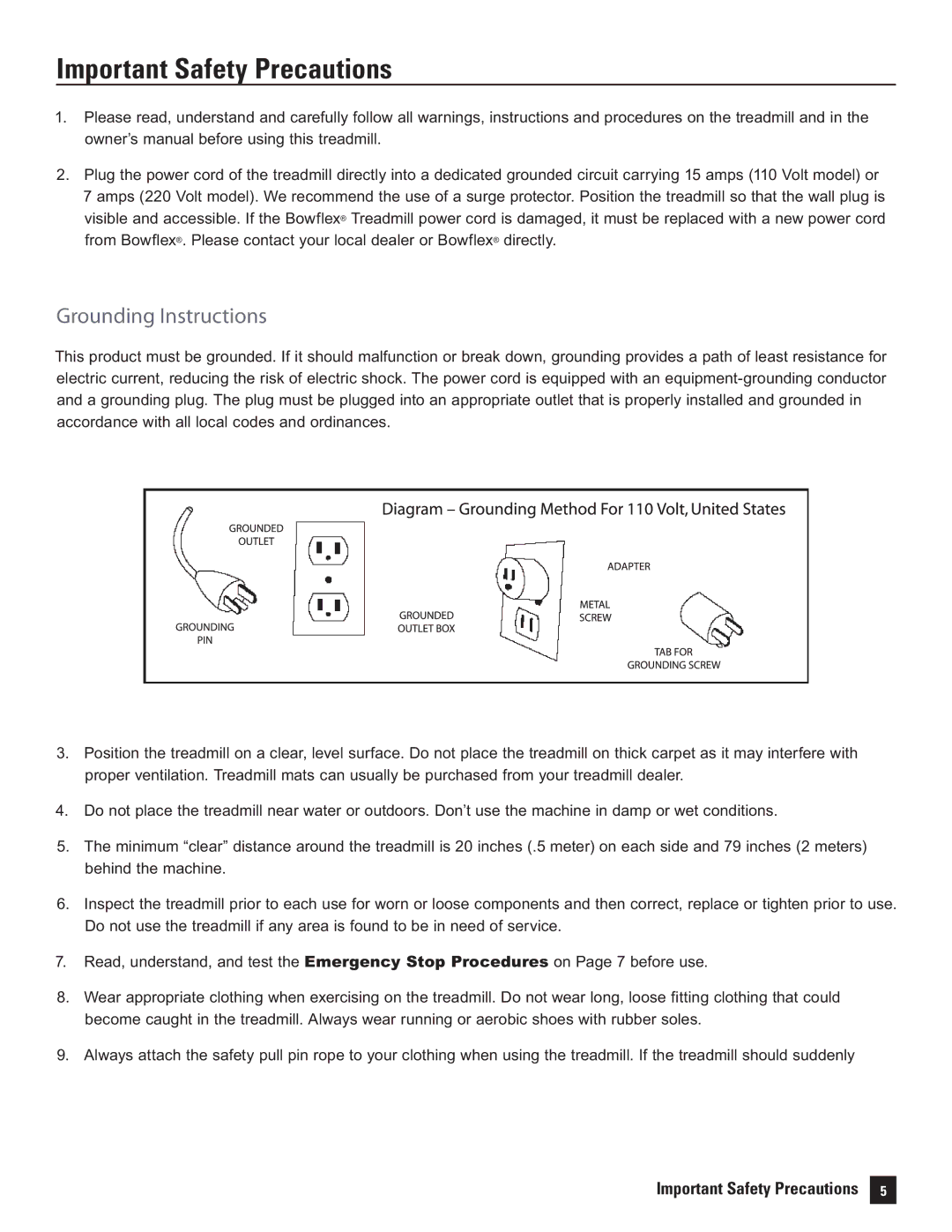 Bowflex 3 Series, 7 Series, 5 Series manual Important Safety Precautions, Grounding Instructions 