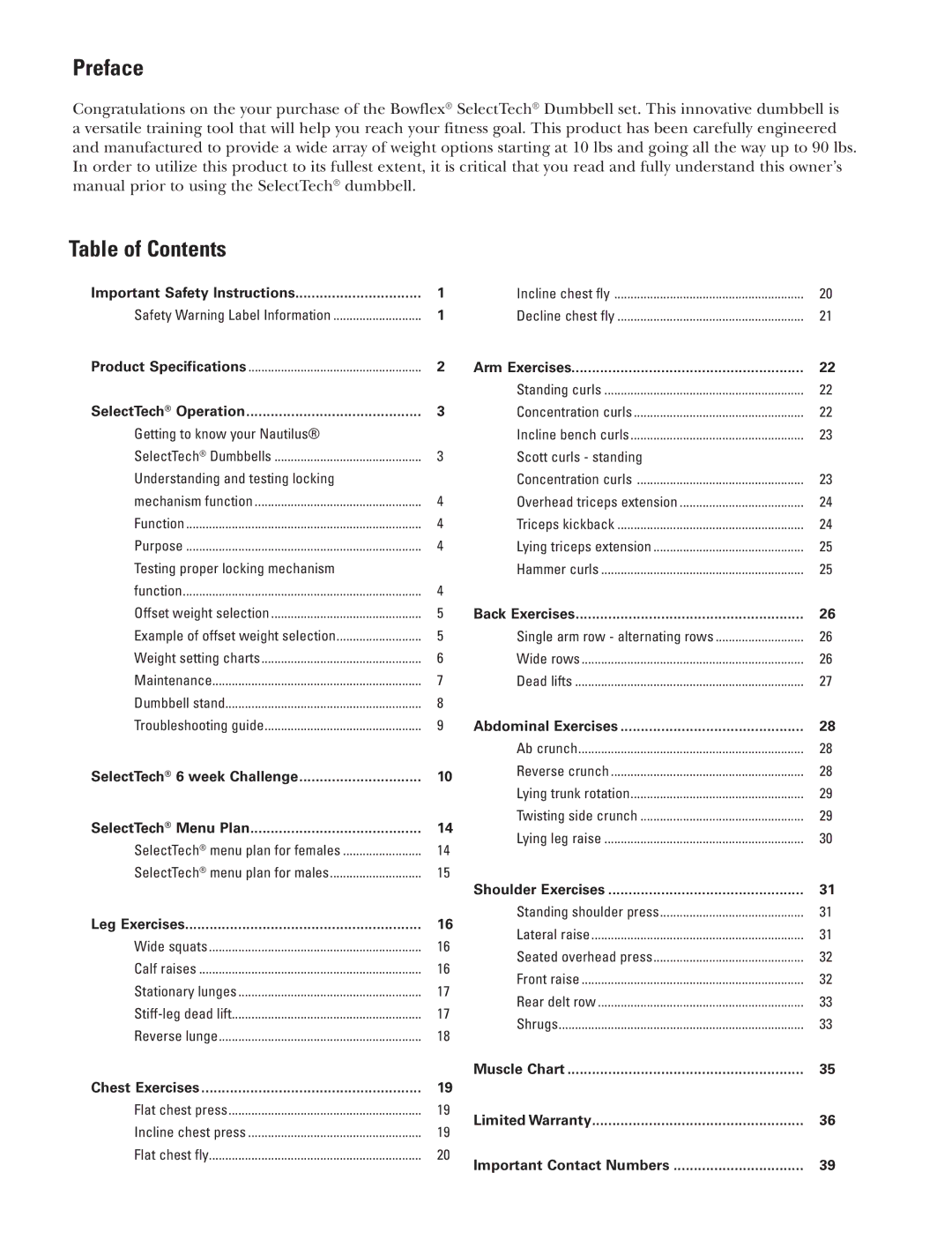 Bowflex BD1090 manual Preface, Table of Contents 