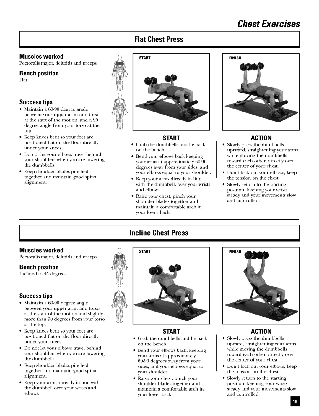 Bowflex BD1090 manual Chest Exercises, Flat Chest Press, Incline Chest Press 