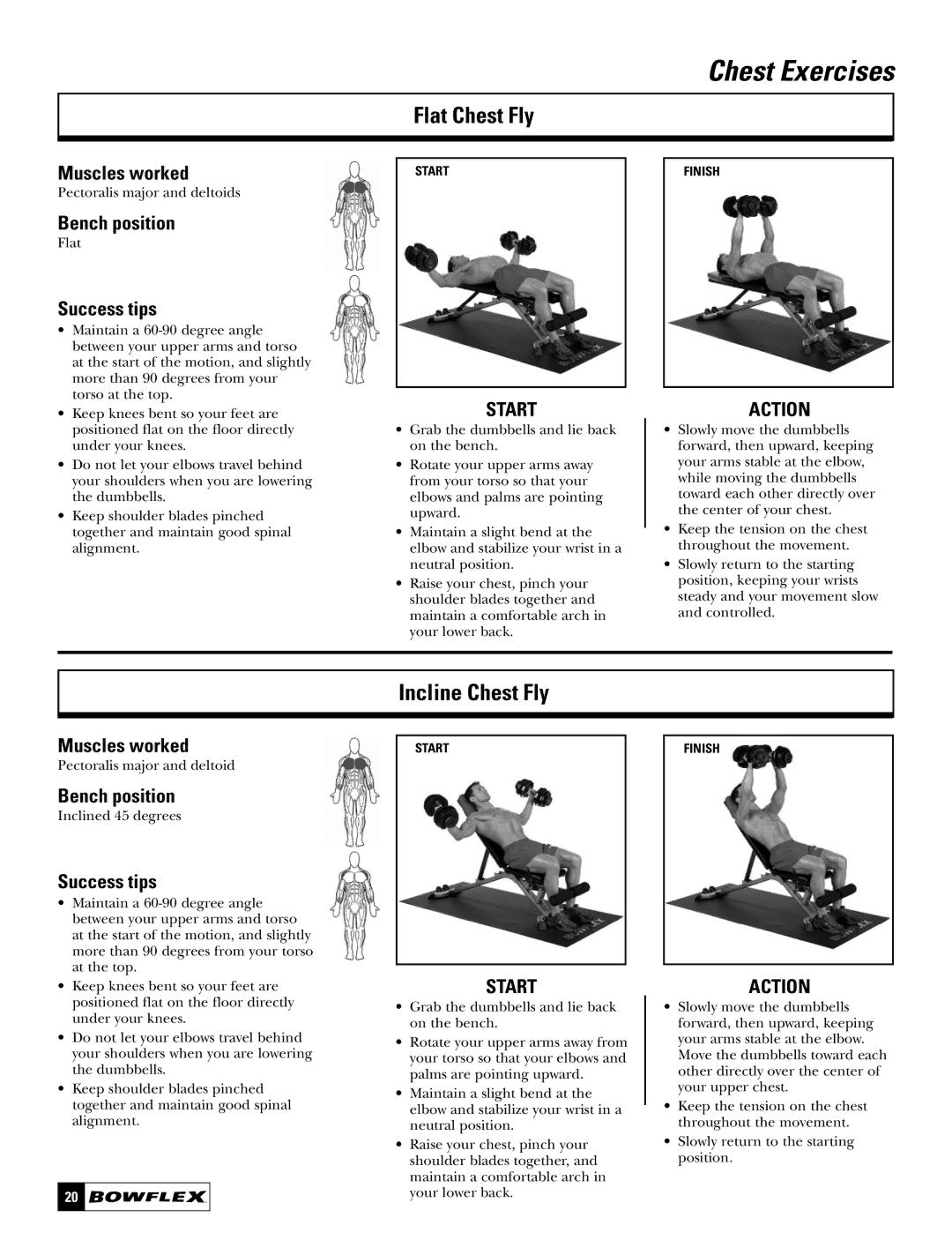 Bowflex BD1090 manual Flat Chest Fly, Incline Chest Fly 