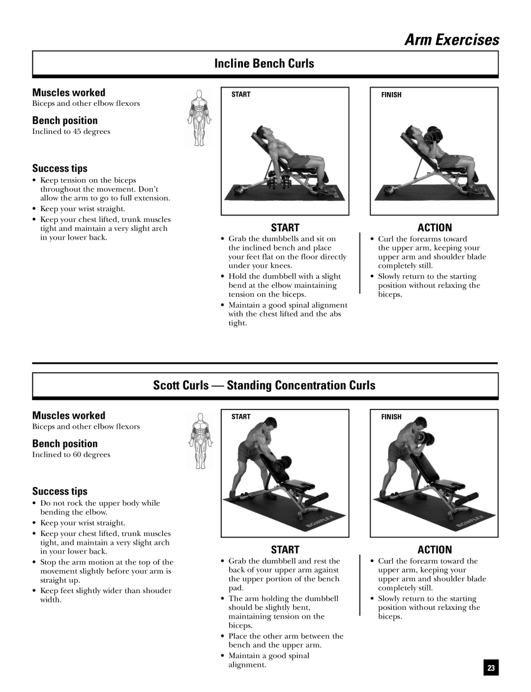 Bowflex BD1090 manual Incline Bench Curls, Scott Curls Standing Concentration Curls 