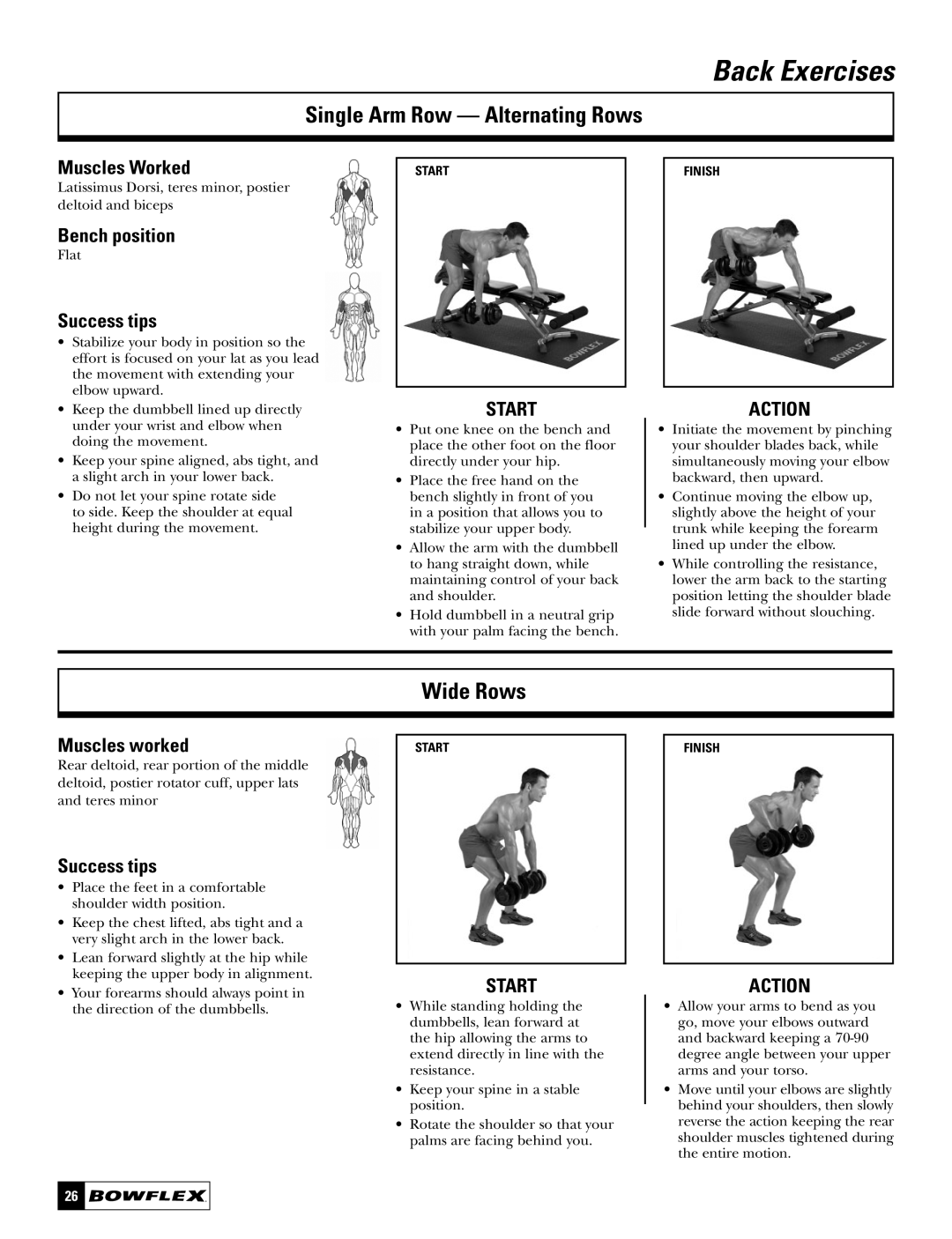 Bowflex BD1090 manual Back Exercises, Single Arm Row Alternating Rows, Wide Rows 