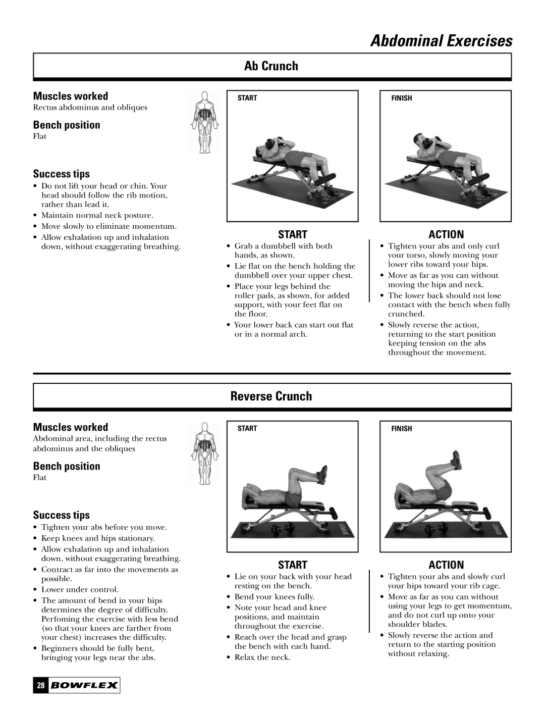 Bowflex BD1090 manual Abdominal Exercises, Ab Crunch, Reverse Crunch 