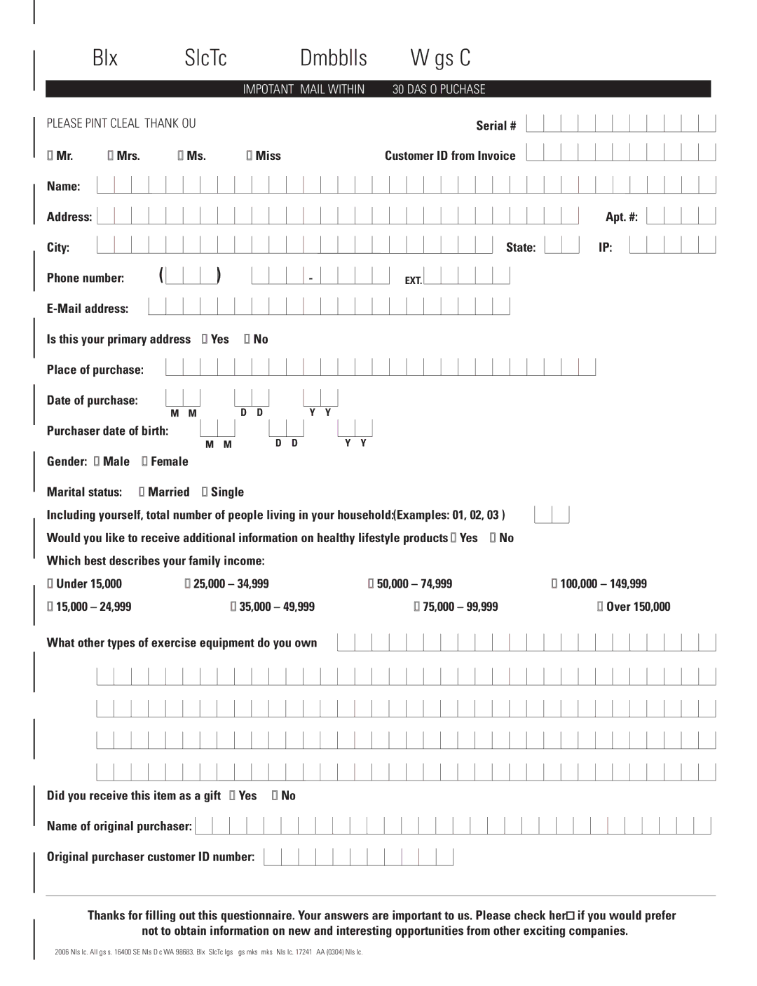 Bowflex BD1090 manual Bowflex SelectTech Dumbbells Warranty Registration Card 