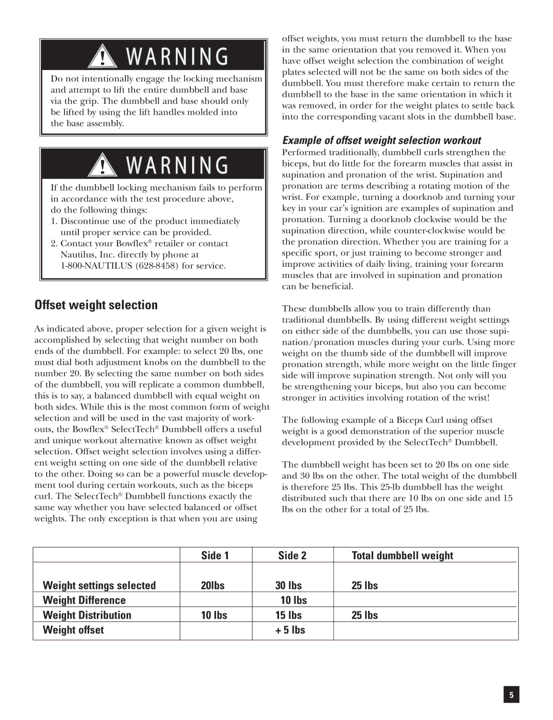 Bowflex BD1090 manual Offset weight selection, Example of offset weight selection workout 