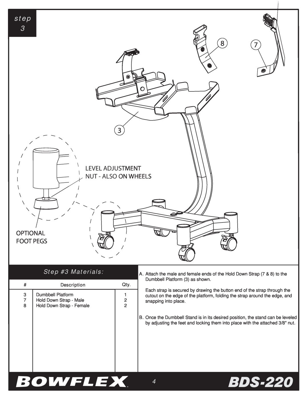Bowflex manual 4BDS-220, Step #3 Materials, step, Level Adjustment Nut - Also On Wheels Optional Foot Pegs, Description 