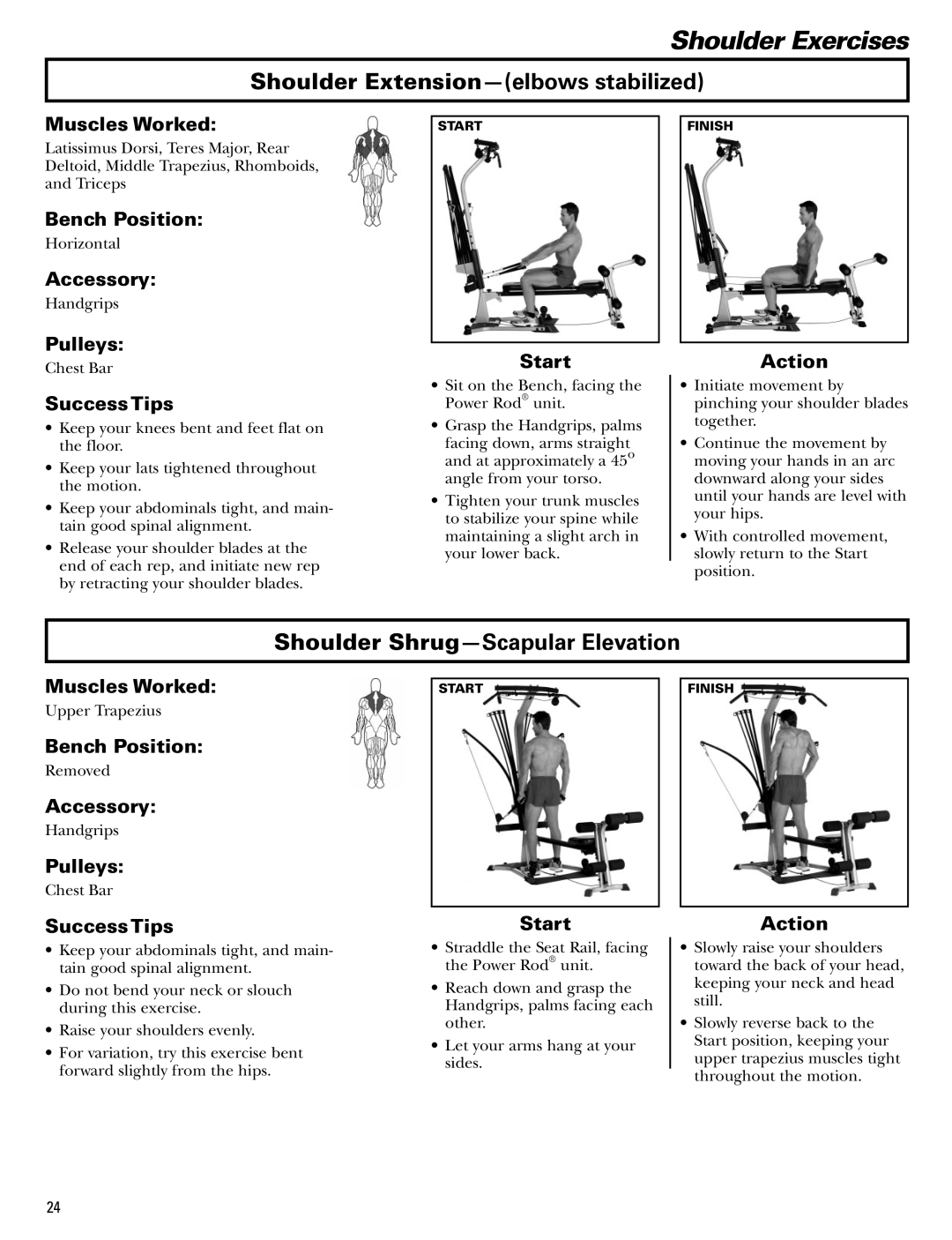 Bowflex Blaze manual Shoulder Extension-elbows stabilized, Shoulder Shrug-Scapular Elevation 