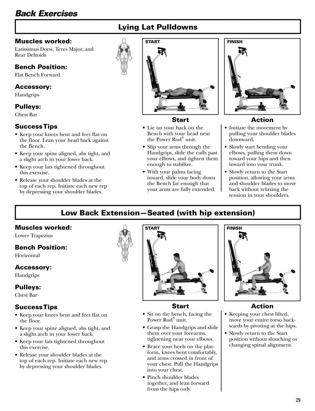 Bowflex Blaze manual Back Exercises, Lying Lat Pulldowns, Low Back Extension-Seated with hip extension 