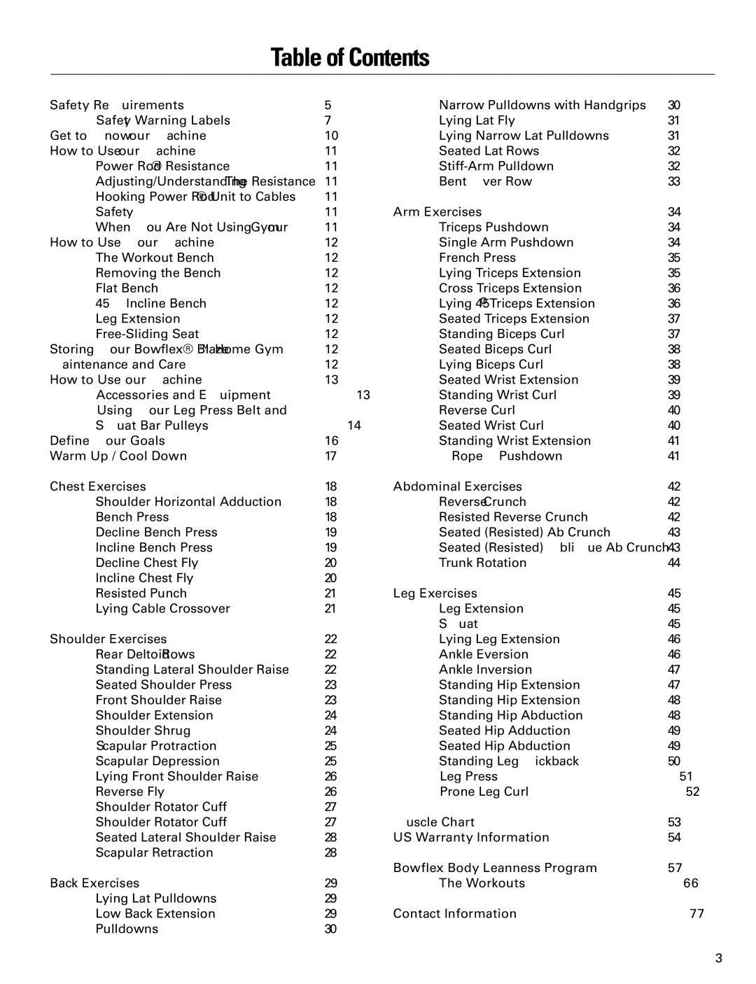 Bowflex Blaze manual Table of Contents 