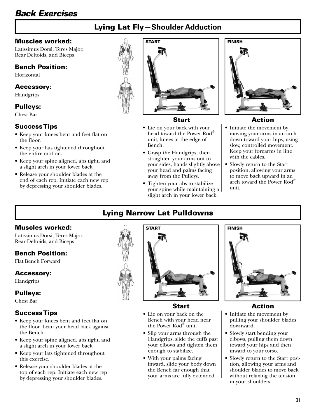 Bowflex Blaze manual Lying Lat Fly-Shoulder Adduction, Lying Narrow Lat Pulldowns 