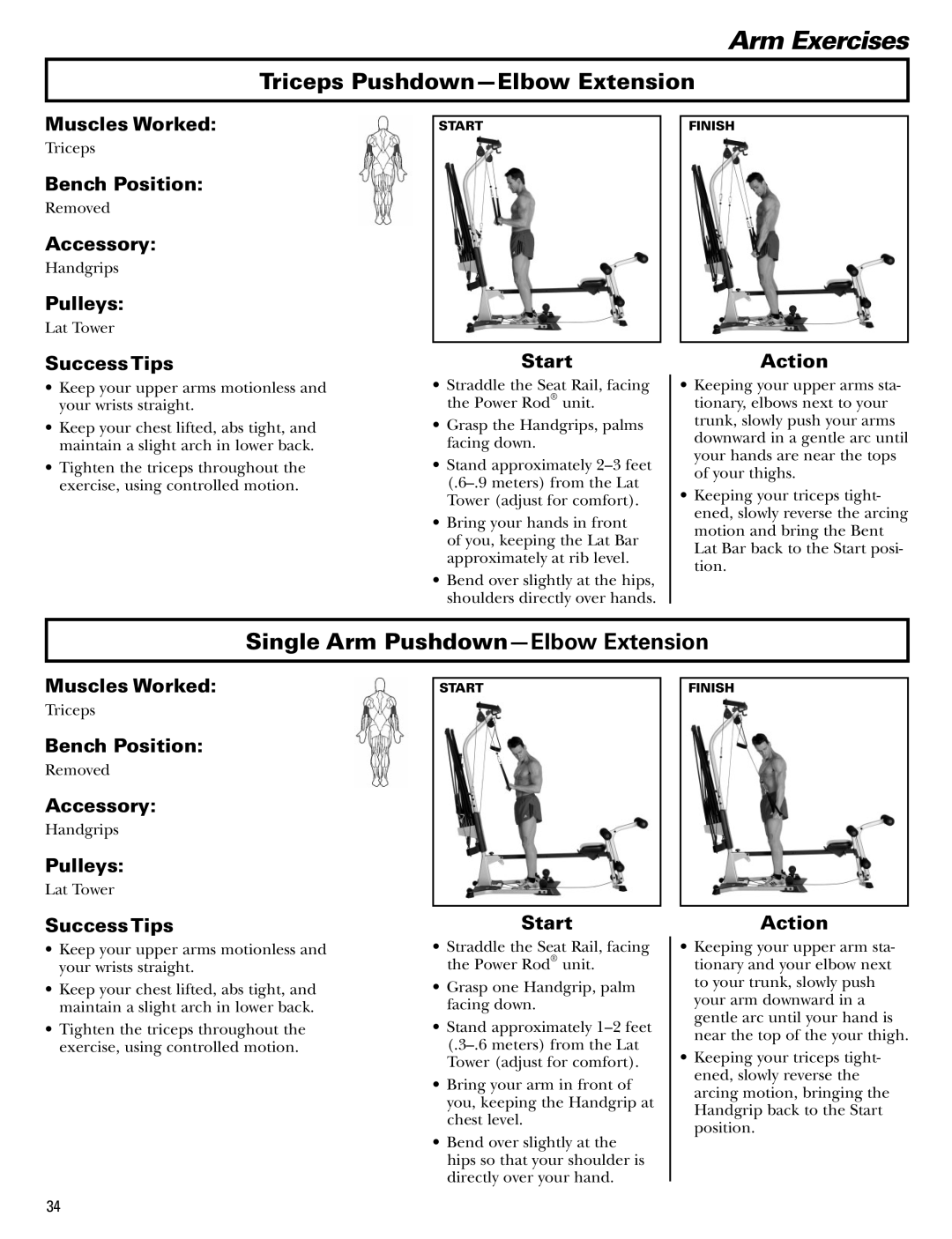 Bowflex Blaze manual Arm Exercises, Triceps Pushdown-Elbow Extension, Single Arm Pushdown-Elbow Extension 