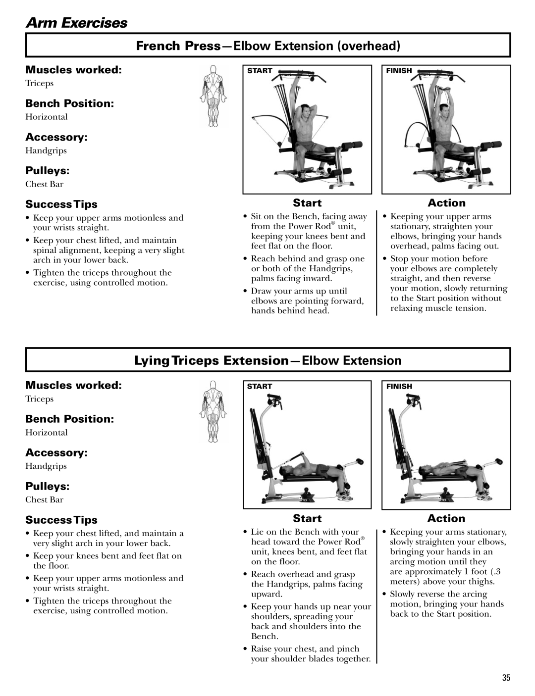 Bowflex Blaze manual French Press-Elbow Extension overhead, Lying Triceps Extension-Elbow Extension 