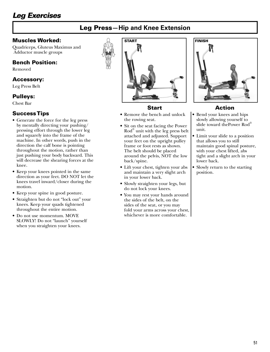 Bowflex Blaze manual Leg Press-Hip and Knee Extension, StartAction Success Tips 