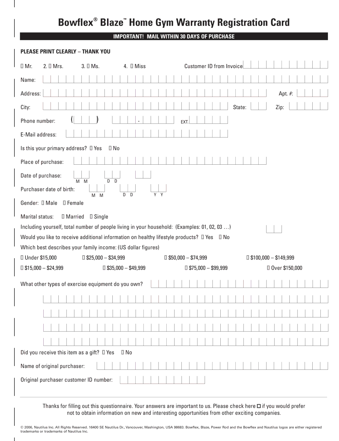 Bowflex manual Bowflex Blaze Home Gym Warranty Registration Card 